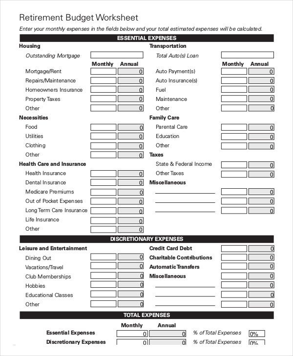 Free Editable Monthly Budget Worksheet For Retirement