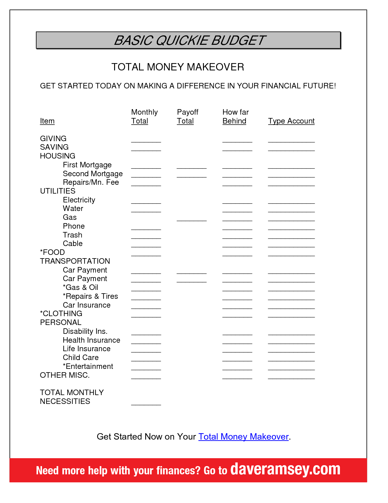 Dave Ramsey Budget Template BASIC QUICKIE BUDGET TOTAL Dave Ramsey 