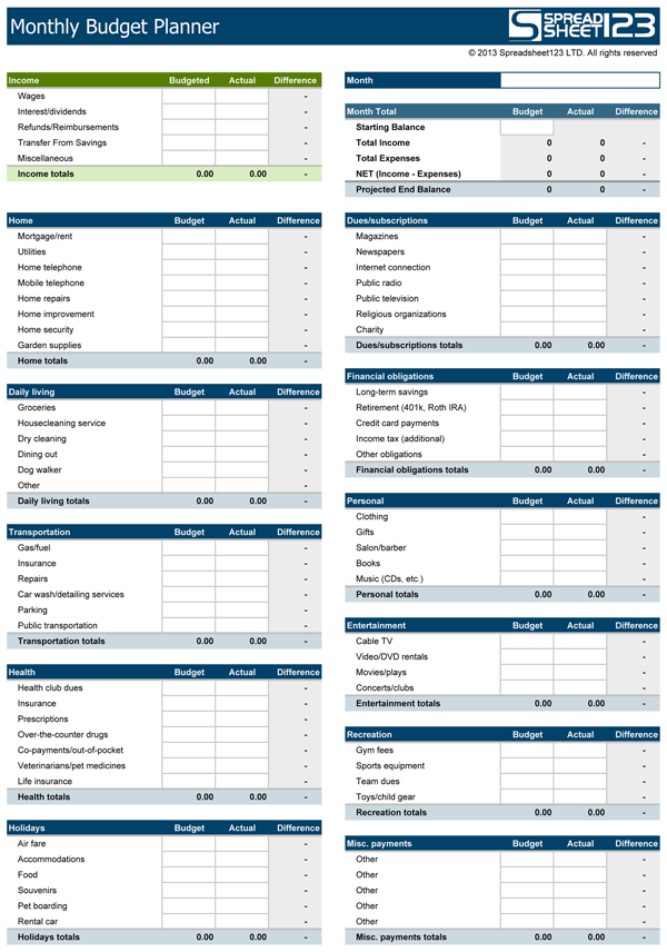 Monthly Budget Worksheet Excel Free Download