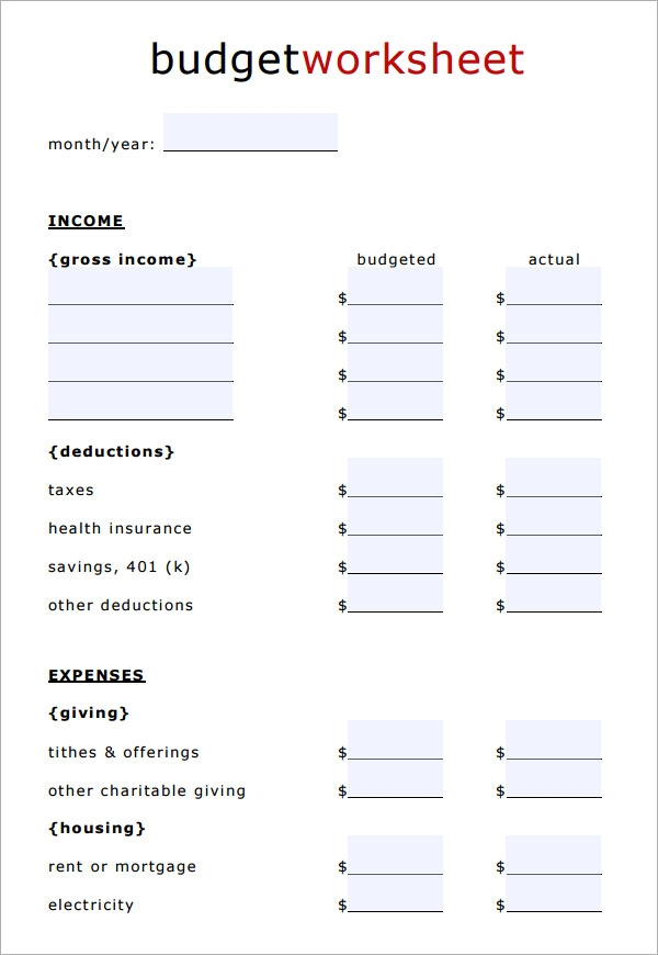 Blank Household Budget Sheet Printable