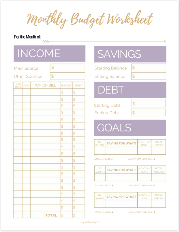 Monthly Budget Sheet Printable