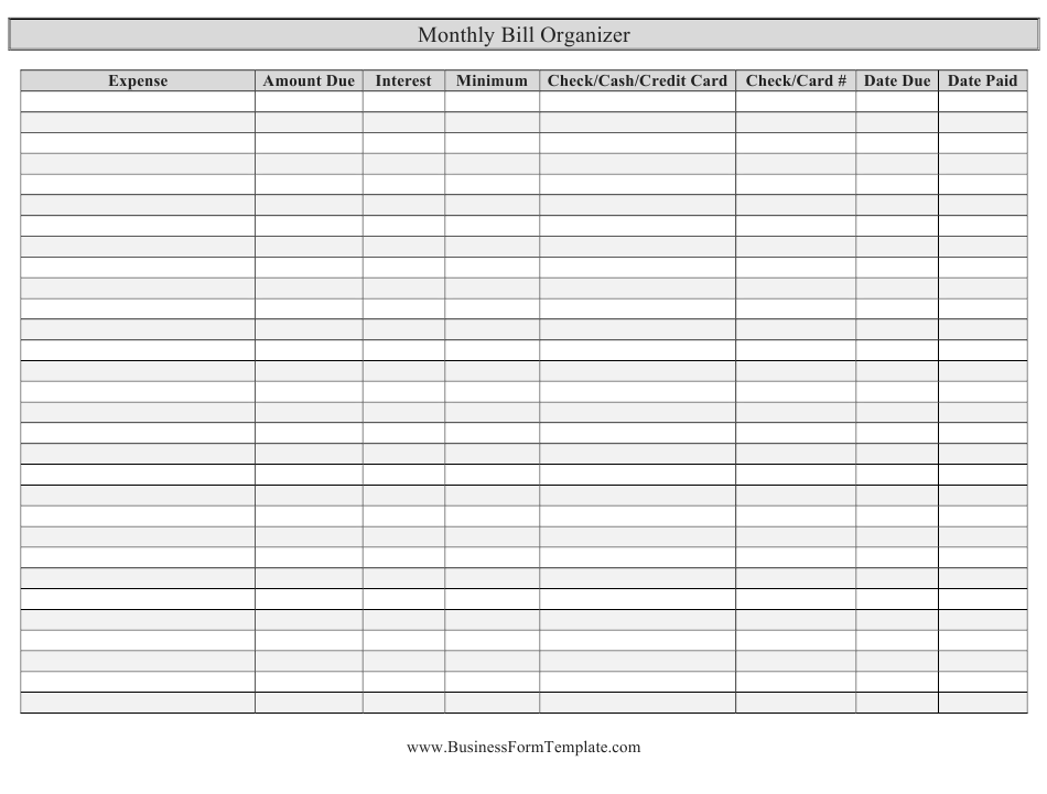 Monthly Bill Organizer Spreadsheet Template Download Printable PDF 